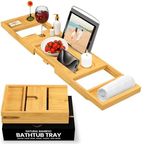 Bathtub Tray Caddy - Premium Bamboo Expandable Bath Tub Tray Table, Luxurious Wooden Bath Caddy for Books, Tablets, Wine, Bathroom Accessories, Spa Essentials, Housewarming, Wedding