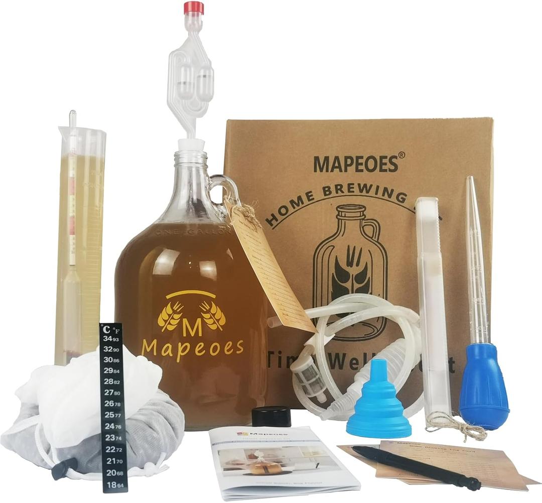 Complete Home Brewing Kit for Mead Hard-Cider Wine Beer Starter Set
1 gal Glass Carboy Fermenter with Brew Bag, Hydrometer, Bung & Airlock,Siphon, Funnel, Temp Strip for Home Small Batch Making