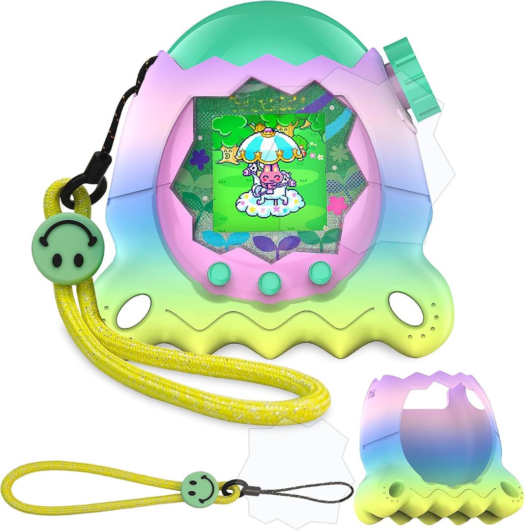 2 x JCHPINE Silicone Cover Case for Tamagotchi Paradise Interactive Virtual Pet, Stand Up Case for Tamagotchi Paradise Screen Protector and Lanyard (Rainbow)