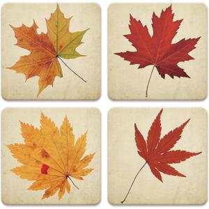 4 Pcs Fall Leaves Coasters Autumn Maple Leaf Square Ceramic Coasters Absorbent Thanksgiving Harvest Cup Mat for Home Kitchen Party Table Decor