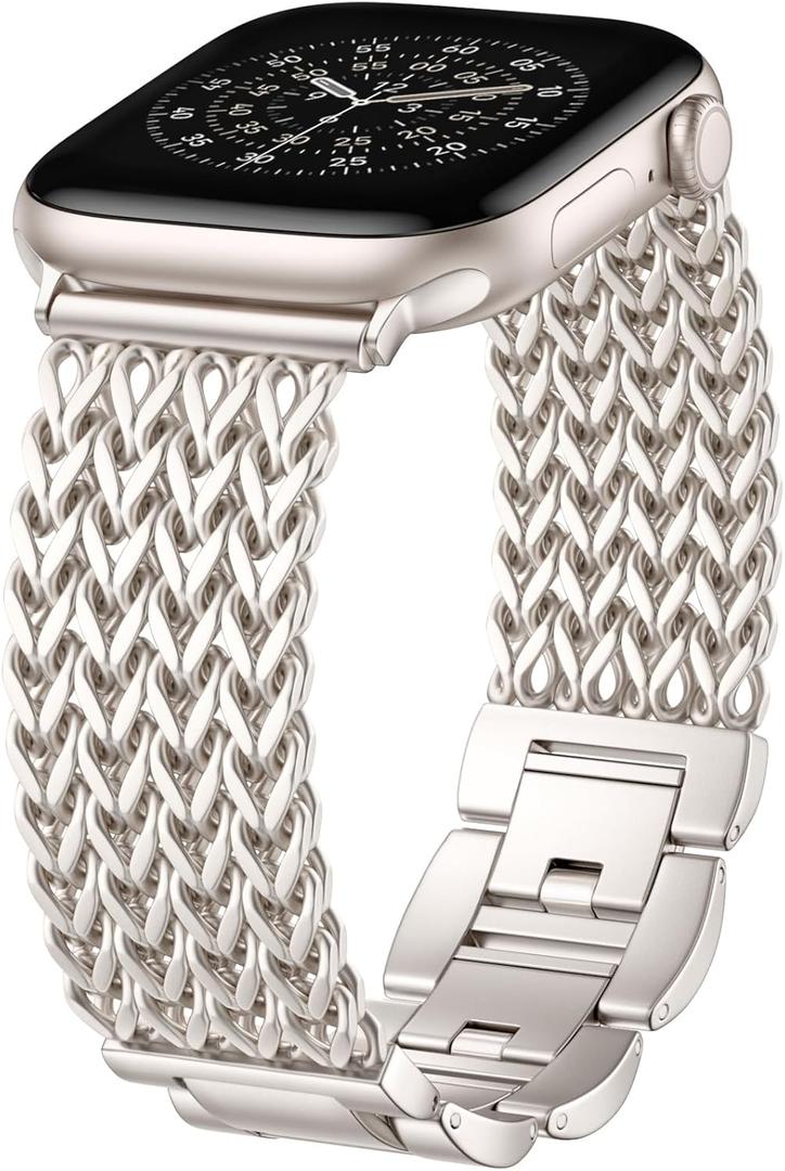 Metal Band Compatible with Apple Watch Bands for Women 40mm 41mm 42mm 38mm 44mm 45mm 46mm 49mm, Dressy Stainless Steel Link Bracelet, Designer Strap for iWatch Series 11/SE/10/9/8/7/6/5/4/3/2/1/Ultra (Starlight)