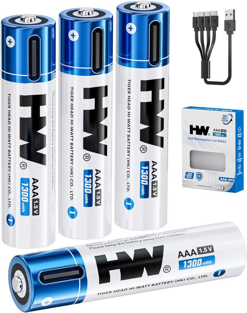 HW USB Rechargeable AAA Batteries, [1.5V, 4-Pack] 1300mWh Lithium Battery with Type C Cable, 1000+ Cycles Triple A Batteries for Remote Controls, Wireless Mouse, LED Flashlights, Electronic Toys, Etc.