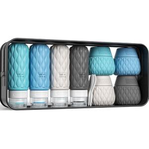 Silicone Travel Bottles for Toiletries 8 Pack Travel Size Toiletries 3.4 oz 1.7 oz, Leakproof Squeeze Travel Size Containers Refillable Cosmetic Jars Set for Shampoo, Conditioner, Creams (Blue/Deep Blue/Grey/Deep Grey)