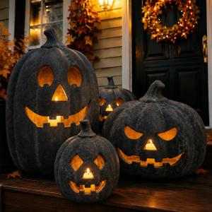 Halloween Decorations - Fall Decor - Black Handmade Terracotta Pumpkin Jack O' Lantern with Flameless Candle - Cute Farmhouse Table Centerpieces Decoration for Indoor Outdoor Front Porch