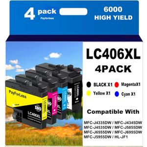 PayForLess LC406XL for LC406 Ink Cartridges for Brother Printer for Brother MFC-J4335DW MFC-J4535DW MFC-J5855DW MFC-J6555DW MFC-J6955DW Printer 4 Pack(Black Cyan Magenta Yellow)