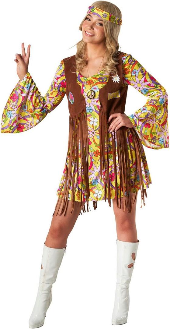 Morph 70s Costumes For Women, Yellow Hippie Costume Women, 60s Hippie Dress Halloween Costume, Womens Halloween Costumes (X-Large)