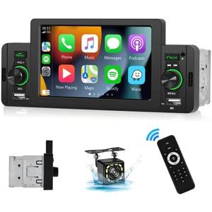 Carplay Single Din Radio 5 Inch Touch Screen Car Stereo with Car Play Android Auto, Bluetooth 5.1, HD Backup Camera, Mirror Link, Siri Voice Control, USB, FM, SWC, Dual Mic, Remote Control