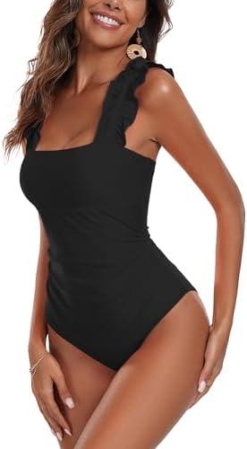AI'MAGE Women's One Piece Swimsuits Square Neck Tummy Control Bathing Suit with Adjustable Ruffled Straps Swimwear Size L