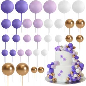 ASTARON 32 Pcs Ball Cake Topper Decorations Mini Balloons Cake Topper Sticks Foam Balls Cake Picks Cake Topper Balls Cake Decorations for Wedding Party Birthday Cake Decorating (Purple Gold)