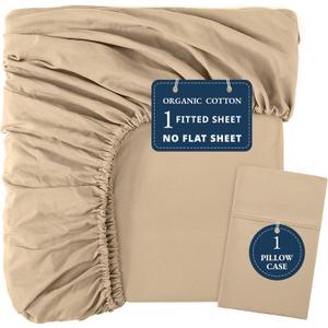 LANE LINEN 100% Organic Cotton Twin Fitted Sheets, 2-Piece Set (1 Fitted Sheet, 1 Pillowcase), Percale Weave, Ultra Soft, Breathable, Fits Mattress Upto 15' Deep - Linen (No Flat Sheet)