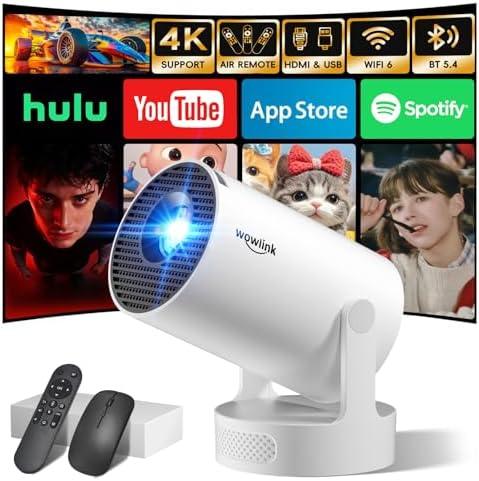 [Built-in Apps & 2026 Upgraded] Mini Projector with WiFi 6 and Bluetooth 5.4 Support 4K 1080P Auto Keystone 180° Rotatable Projector Portable Compatibile with HDMI/TV Stick/Memory Stick/Laptop, White