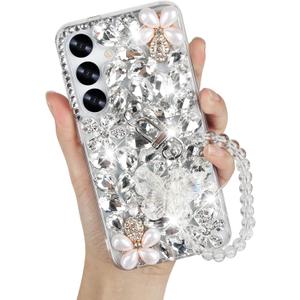 Omio Compatible with Samsung Galaxy S25 Plus Bling Case with Hand Chain Strap Cute Butterfly Bracelet 3D Handmade Sparkle Glitter Crystal Bling Diamond Hard PC Phone Case for Women Girls White