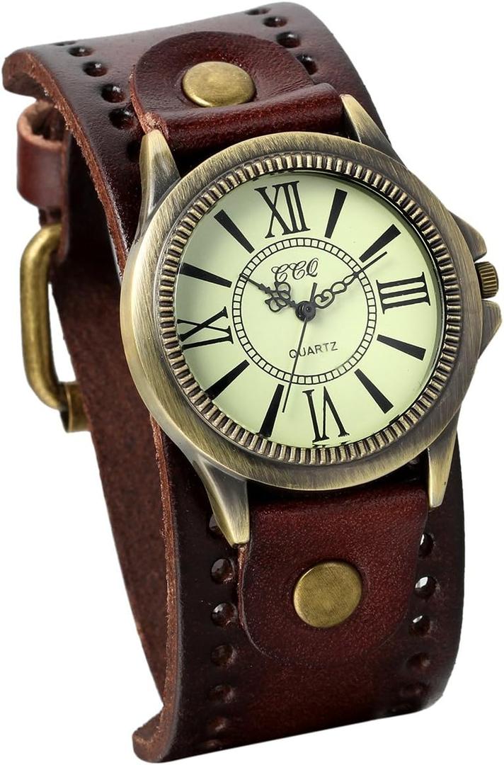 JewelryWe Vintage Wrist Watch Wide Leather Strap Band Cuff Quartz Watches for Men Women Halloween Costumes for Christmas (roman numerals brown)