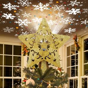 Christmas Tree Topper Star Lighted with LED Rotating Silver Snowflake Projector, Plug in Christmas Star Tree Topper Ornament 3D Glitter Projection for Indoor Office Party Holiday Xmas Decorations