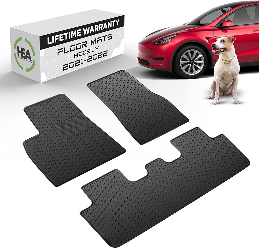 #1 Tesla Model Y Floor Mats - All Weather Rugged Liners Fits 2020-2021 Full Set Front & Rear Accessories - Heavy Duty Flexible Eco-Friendly All Season - Waterproof Modern Honey Comb Look by HEA USA