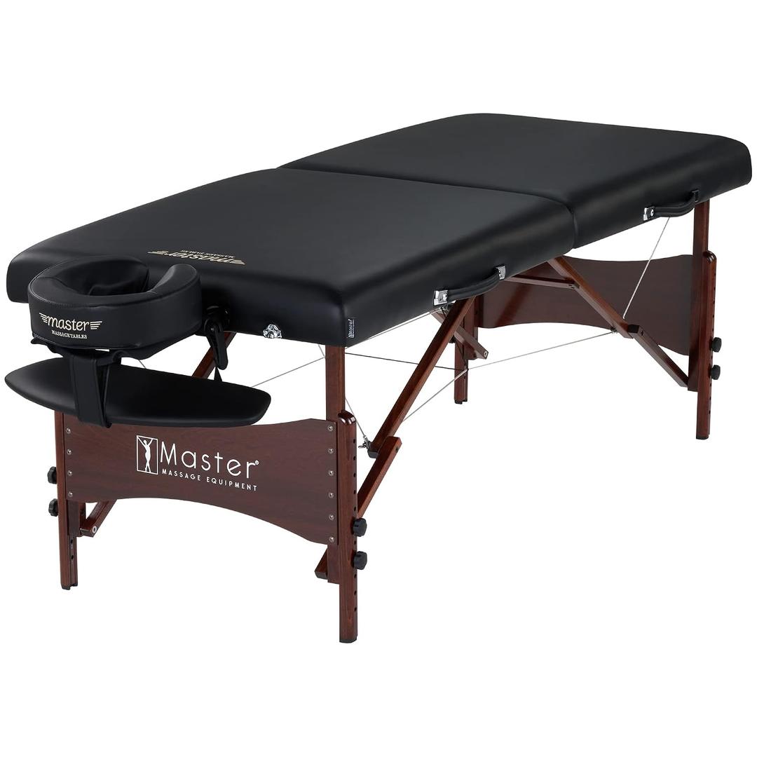 Master Massage Newport Portable Massage Table Package with Denser 2.5" Cushion, Walnut Stained Hardwood, Steel Support Cables, Pillows & Accessories, Black, Standard, 30"