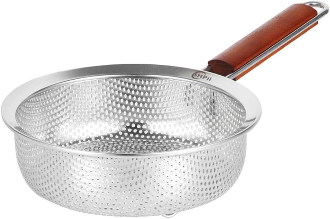 Stainless Steel 304 Strainer Scoop with Wooden Handle, Self-Draining Solid Base - Ideal for Kitchen, Pasta, Fruit, and Vegetables - 7.1in