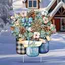 Metal Winter Christmas Decoration Hello Winter Yard Sign Stake 14.2 Inch Snowflake Mason Jar Outdoor Yard Decor for Christmas Party Outside Lawn Decorations Garden Patio Walkway
