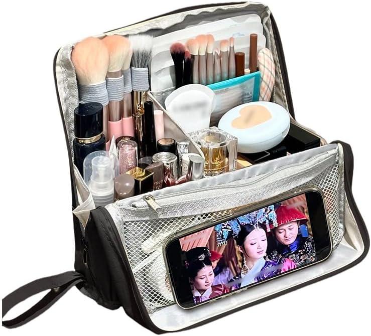 standing Makeup Bag, Compact Yet Spacious Cosmetic Organizer, Waterproof Toiletry Bag with Divider, Brush Holder, Upright Design & Phone/Mirror Holder, Portable Travel Case,black