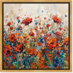 Beautiful Garden Bloom Framed Impressionism 1 Piece Canvas Wall Art/Monet And Van Gogh Inspired Art, 17.5" x 17.5", Gold Frame (17.5L" x 17.5W")