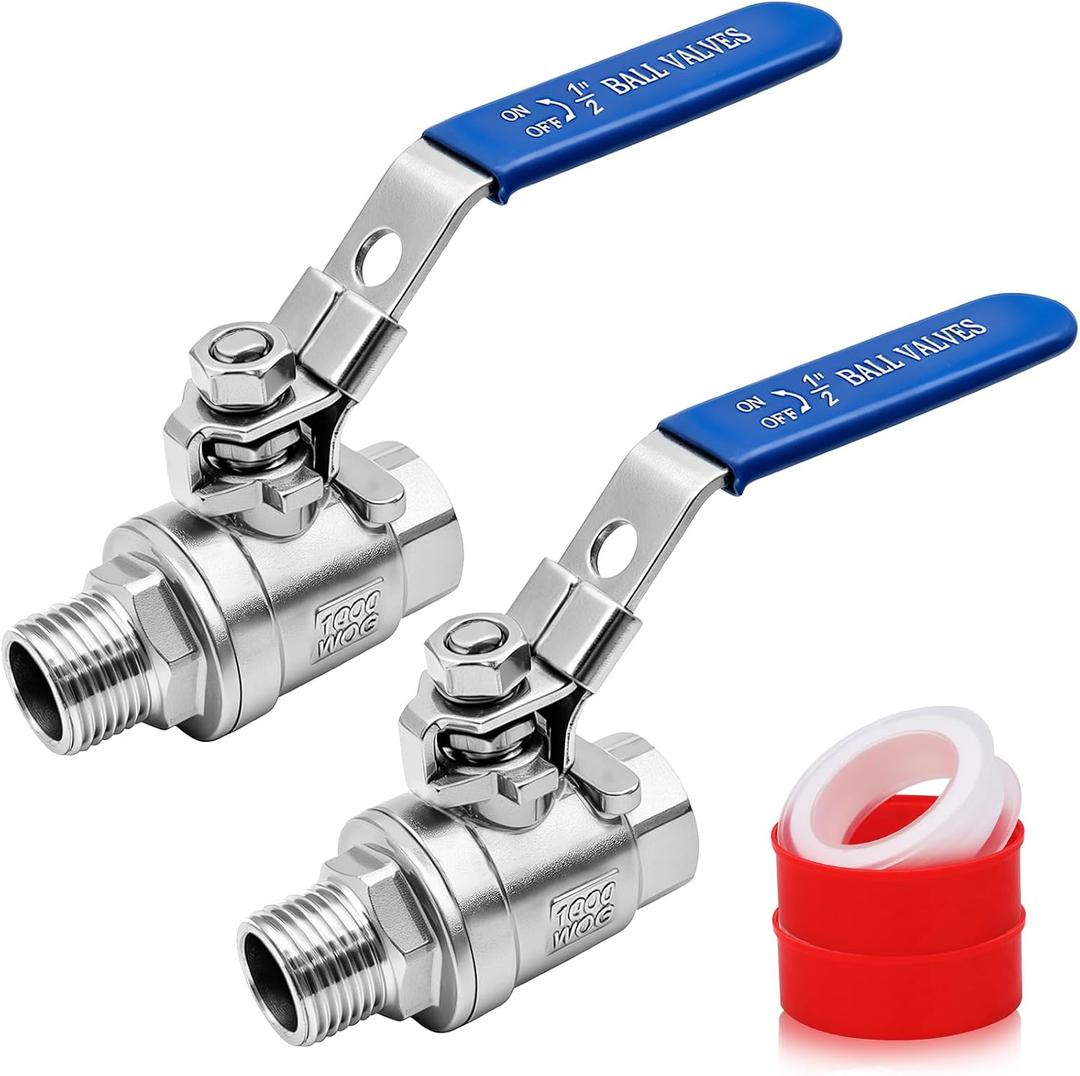 2 Pack 1/2" Ball Valve 304 Stainless Steel Heavy Duty NPT Female x Male Full Port Shut Off Valve with Locking Blue Vinyl Insulation Handle, 2-Piece Construction, 1000WOG for Water, Oil, Gas