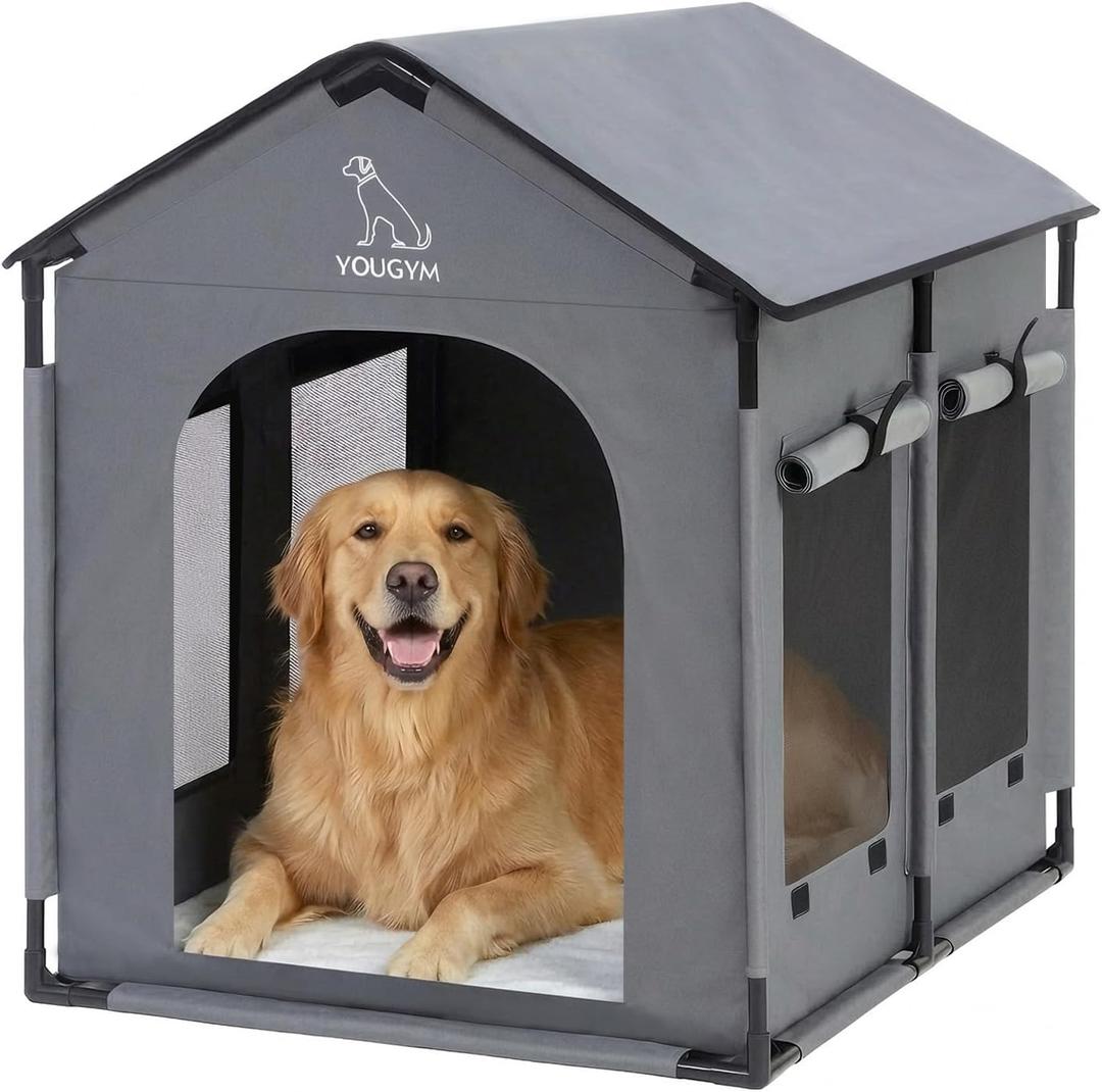 XL Insulated Dog House Indoor, Dog Tent for Large Dogs with Plush Cushion, Sturdy PVC Frame, Mesh Windows & Tear-Resistant Oxford Fabric, 34x27x34in Gray