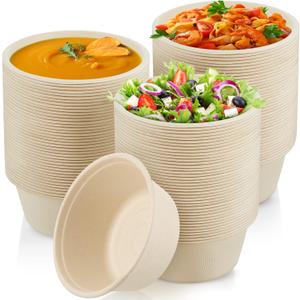 Tessco for you 40 oz 100 Pack Large Disposable Salad Bowls Deep Heavy Duty Paper Bowls Sugarcane Fiber Compostable Biodegradable Microwave Safe for Hot Cold Soup Ramen Popcorn Pasta (Natural Color)