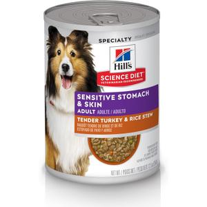 Hill's Science Diet Adult Sensitive Stomach & Sensitive Skin Tender Turkey & Rice Stew Canned Wet Dog Food, 12.5 oz., Pack of 12 (EXP 06/01/27)