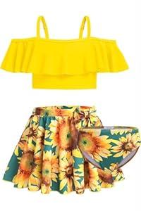 Arshiner Girls Bathing Suits Size 10-12 Tween Swimsuits 12-14 Floral Tankini Summer Fashion Ruffle Bikini Swimwear Swim Skirt Sunflower Size 12-13