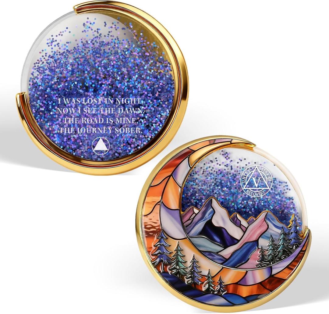 Moving Sand 5 Year Sobriety Coin - Liquid Glitter AA Medallions for Five Year Recovery, Sober Chip with Token Capsule, Sobriety Gifts for Women & Men Celebrating Sober Anniversary