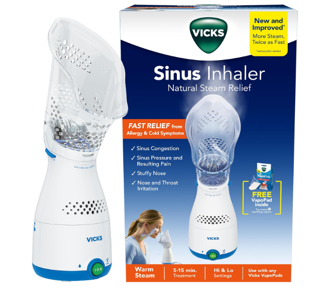 Vicks Sinus Inhaler, Plugin NonMedicated Steam Inhaler for Sinus Relief, Allergies, Congestion & Colds, Vocal Steamer, Soothes Nasal & Throat Passages, Works with VapoPads (1 Included)