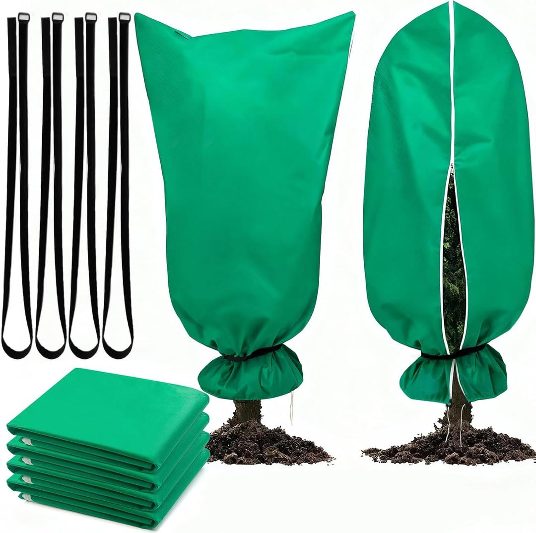 Plant Frost Protection Cover with Extra Straps, Zipper & Drawstring  31.5 x 47.2 Reusable Winter Freeze Protection Bag for Outdoor Trees & Garden Plants (Green, 4PACK)