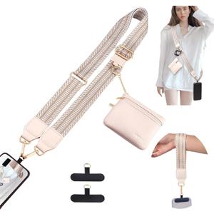 OUTXE Clip and Go Strap for Phone with Wallet Crossbody, Detachable Wrist Strap Save Girls Anti Theft Lanyard with Zippered Pouch & 2* Nylon Tab for All Phones (Bohemian Beige)