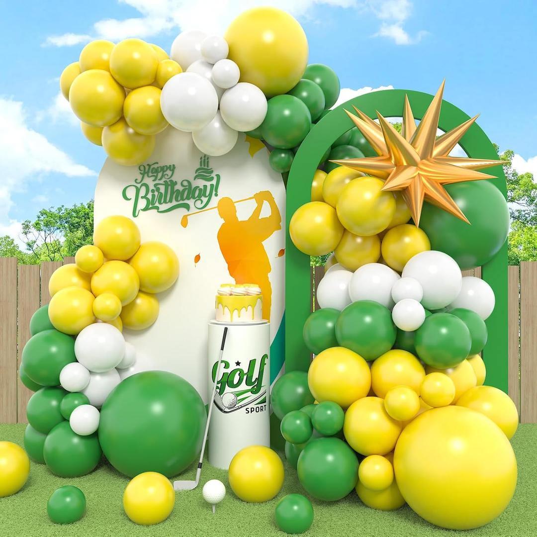 Green Yellow Balloon Garland Kit, Golf Birthday Decorations with Dark Green Yellow Latex Balloons Gold Star Foil Balloon for Boys Birthday Forest Jungle Tractor Soccer Party Decorations