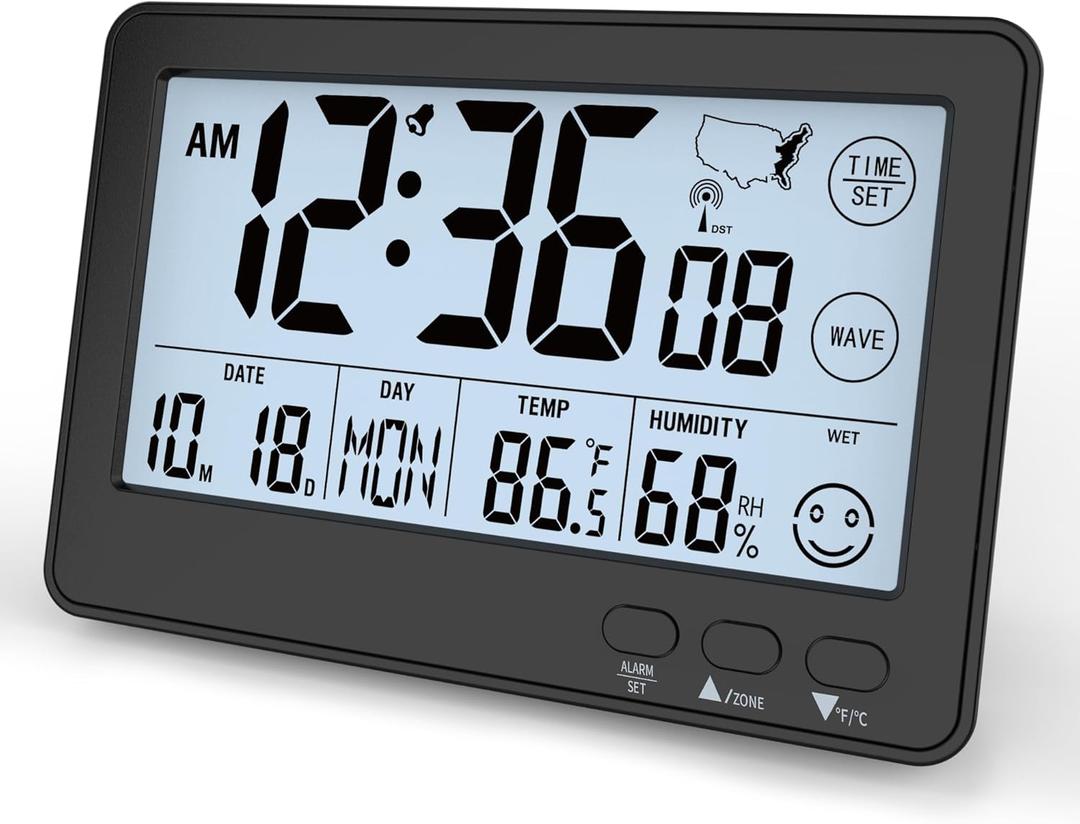 Small Desktop Atomic Clock, Automatic Digital Desktop Clock with Temperature, Humidity, and Date, Alarm Clock for Bedroom, Office, 4 Time Zones, (Black)