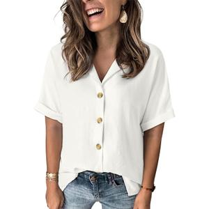 Dokotoo Women's Dressy Casual V Neck Short Sleeve Button Down Shirts Relaxed Work Business Loose Blouses Tops (White), XL