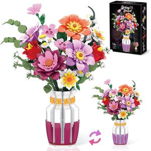 2 in 1 Vase Flowers Bouquet Building Set, 16 Flowers Bouquet Sets for Adults & Women, Compatible with Lego Flowers Bouquet, Valentine's Day Gift for Her Girlfriend Wife, 1278 PCS