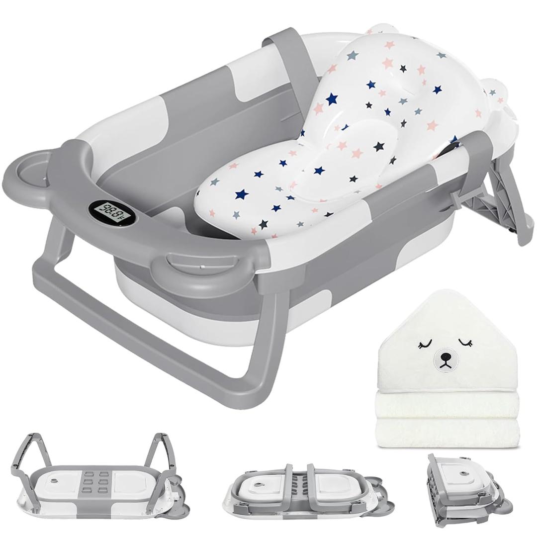 MoreFeel Collapsible Baby Bathtub for Newborn with Thermometer & 1 Hooded Towel & 1 Soft Floating Cushion,Portable Travel Bathtub with Drain Hole, Durable Foldable Baby Tubs for Infants to Toddler (Grey)