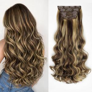 Clip In Hair Extensions, Natural Long Layered Soft Invisible Synthetic Curly Wavy Hairpieces for Women, 4 pcs (20 Inch, Balayage Medium Brown to Golden Blonde)