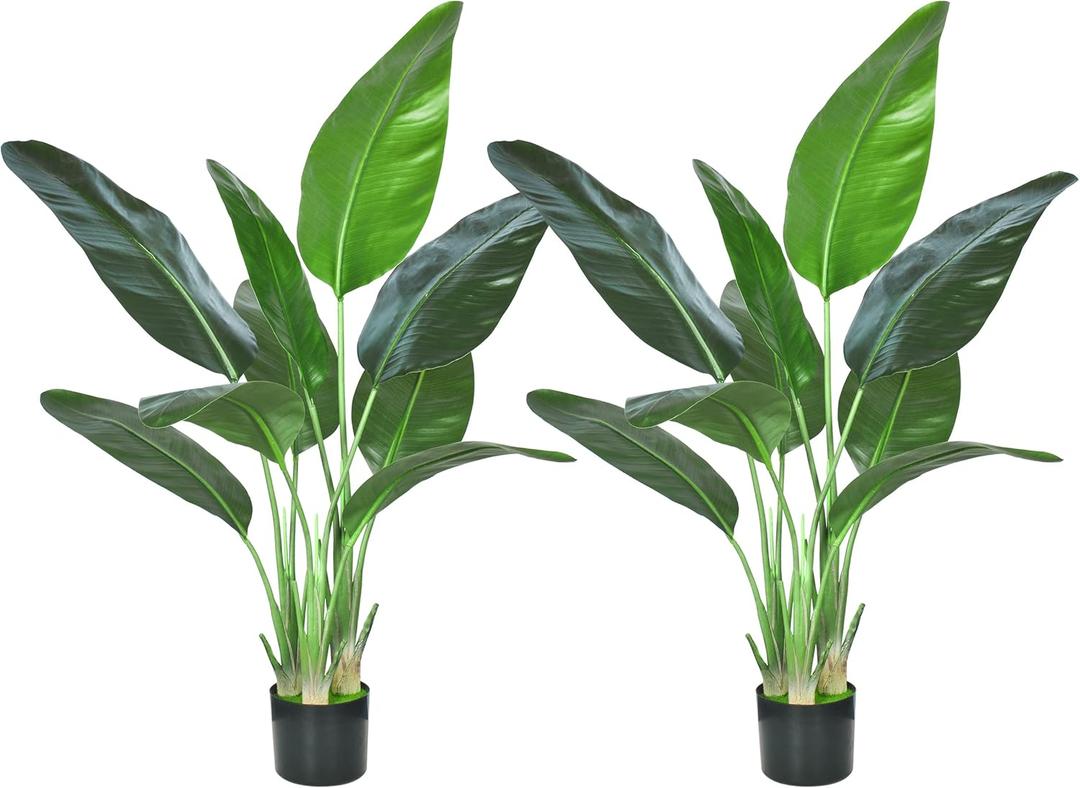 2Packs 4FT Artificial Bird of Paradise Plant,Faux Palm Tree Potted Plant with Real Touch Leaves,Fake Trees for Home Living Room Office Indoor Outdoor Decor(4 FT-2Packs) (4FT-2Packs)