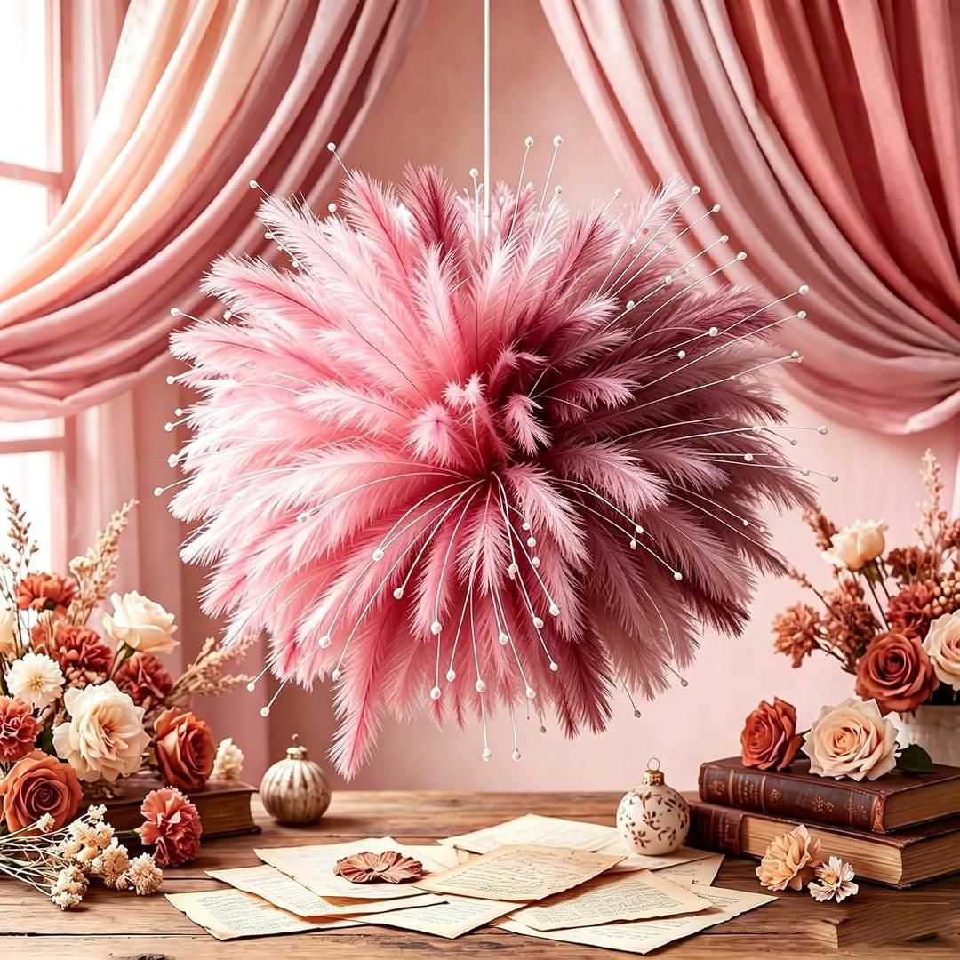 100Pcs Pink Feather 16" Faux Pampas Grass Set - DIY Fireworks Ball Design Hanging Decoration for Party Wedding, Artificial Fluffy Boho Vase Filler Decor Flowers for Home Birthday Bridal Shower