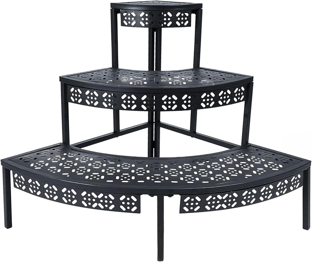 Aboxoo 3 Tier Plant Stand Flower Pot Rack, Metal Stair-Step Style Corner Shelf Planters, Quarter Round Display Holder for Indoor Outdoor Use(Black, Semicircle)