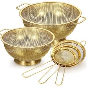 Baderke 2 Pcs Gold Strainers and Colanders Set Including 4/5 Quart Stainless Steel Colanders with Handles and 3 Pcs Fine Mesh Strainers for Kitchen Draining Rinsing Pasta Vegetables Rice