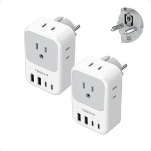 TESSAN Type F Plug Adapter 2 Pack, PD 20W South Korea Outlet Adapter with 4 AC Outlets 4 USB Ports (2 USB C), Type E Power Adaptor for US to Europe Spain Germany France Iceland Greece Russia Norway