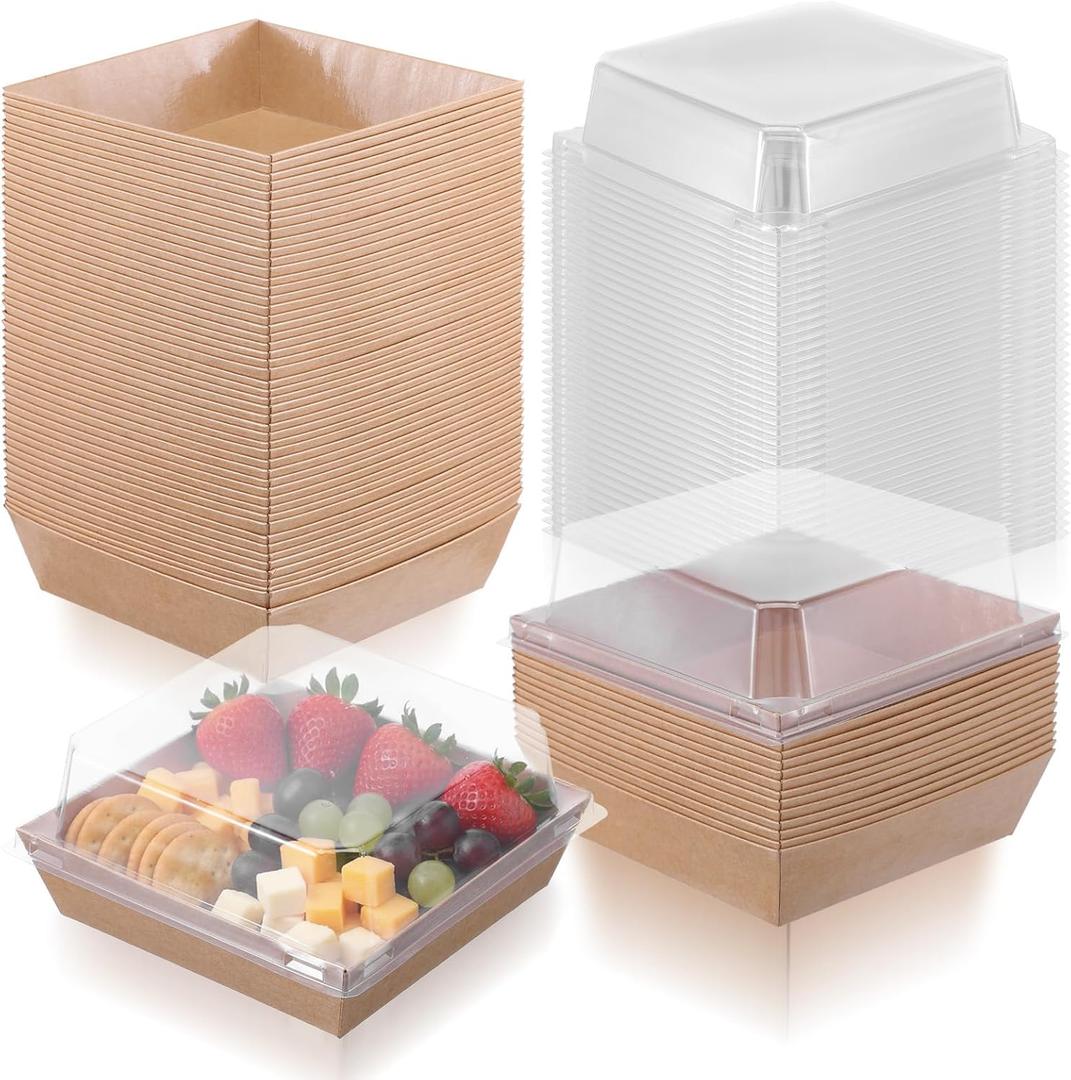 150 Pack 4 Inch Small Charcuterie Boxes with Clear Lids Disposable Paper Dessert Food Boxes Containers for Cake, Cookies, Strawberries, Bakery, Party