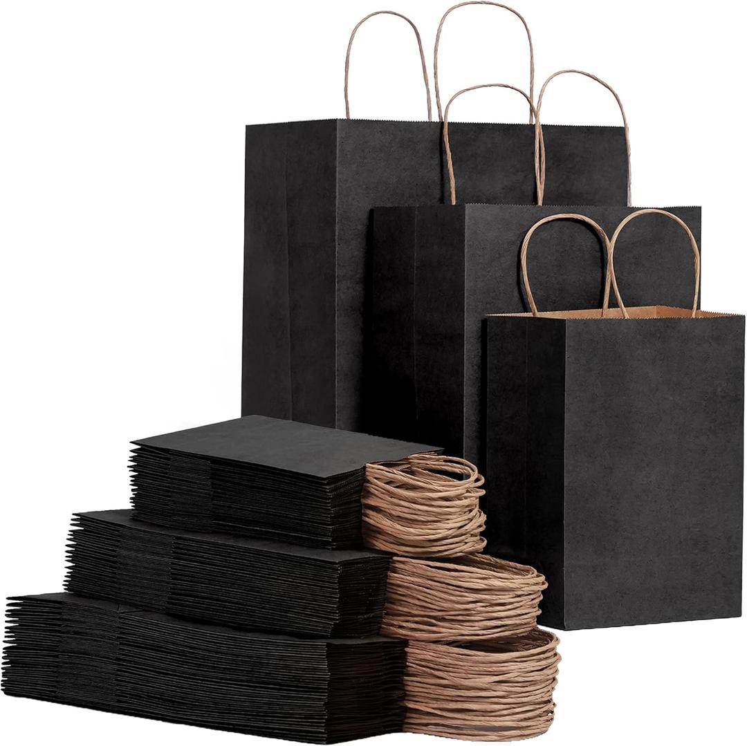 FACEBAG 90 Pack Black Kraft Paper Bags with Handles Bulk, Assorted Sizes Gift Bags for Favors Grocery，Retail，Party，Festival，Wedding，Birthday，Shopping，Business，Goody Craft Merchandise Take Out Sacks