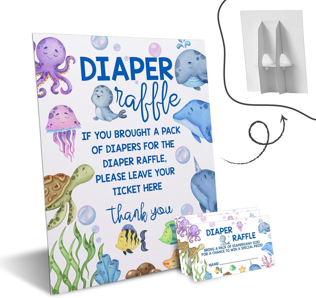 Under the Sea Diaper Raffle Tickets with Sign - Ocean Animals Baby Shower Game Card Set-1 Sign and 50 Tickets For Baby Shower Party Supplies - F02