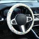 Embroidered Flowers White Cute Daisy Steering Wheel Cover Auto Anti-Slip Breathable Rubber Steering Wheel Protector,Floral Car Accessories for Women,Universal Size Fit Most Cars -15 inch