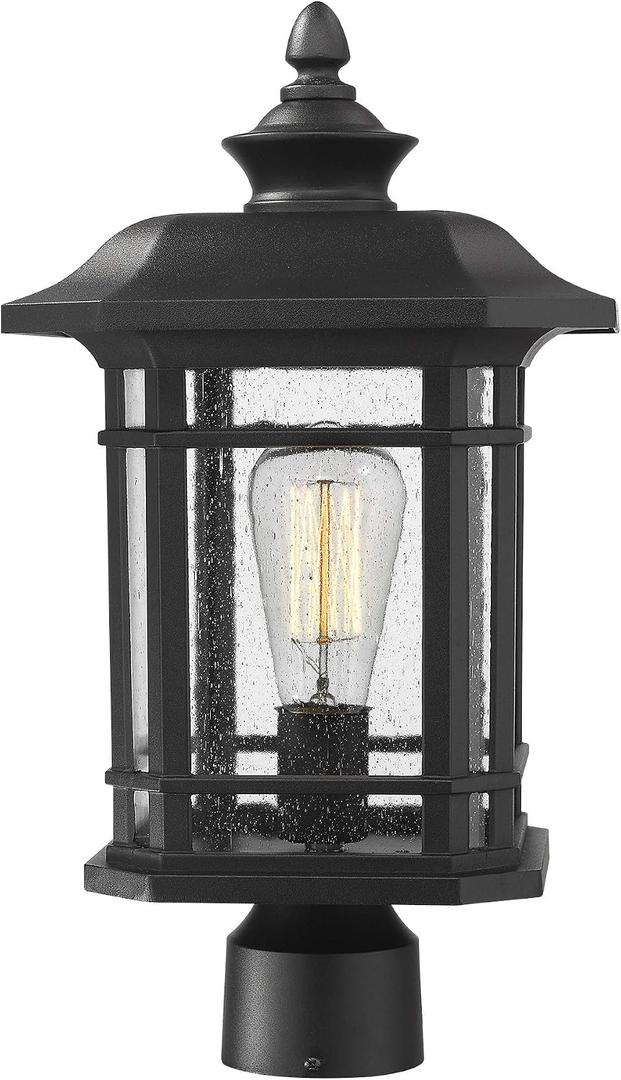 Emliviar Outdoor Post Lighting Fixture 17 inch, 1-Light Exterior Post Light in Black Finish with Seeded Glass, A2202110P1, 16.8 Inch