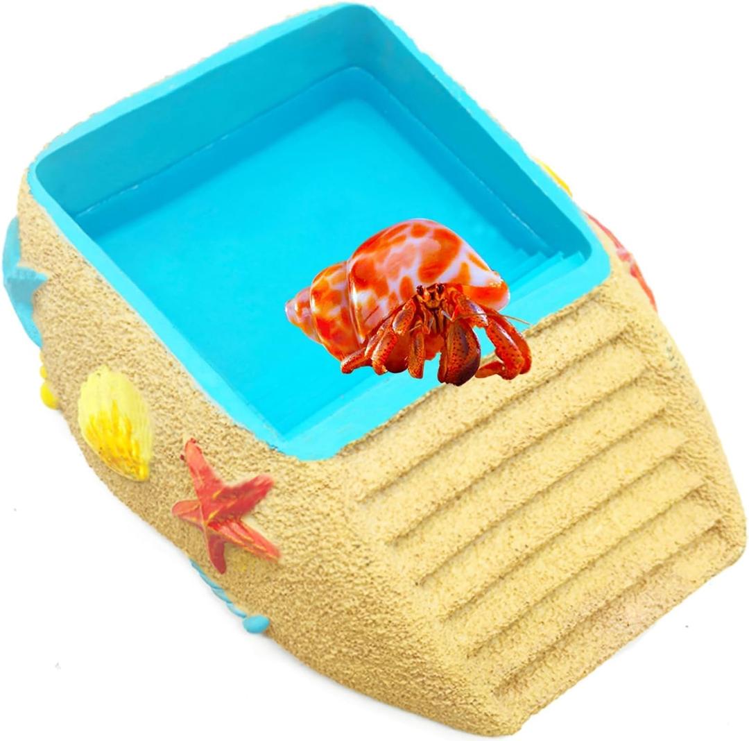 Hermit Crab Water Bowl,Resin Hermit Crab Pool with Climbing Ramp,Beach Style Reptile Feeding Dish Food Bowl Basking Platform Accessories for Turtles,Lizard,Frog,Gecko (6.3×3.2×1.8IN)